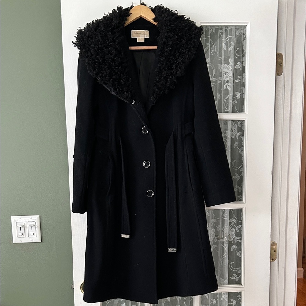 Michael Kors, beautiful black wool coat with woolly fur collar - Picture 1 of 5